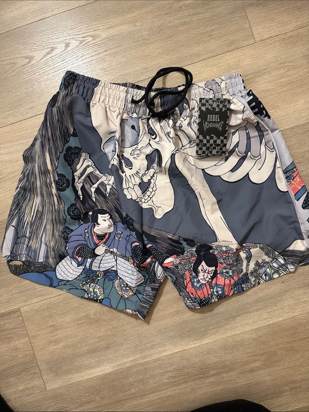 Rebel Vengeance Blue Gray Multi Ukiyo-e & Skull Swim Trunks